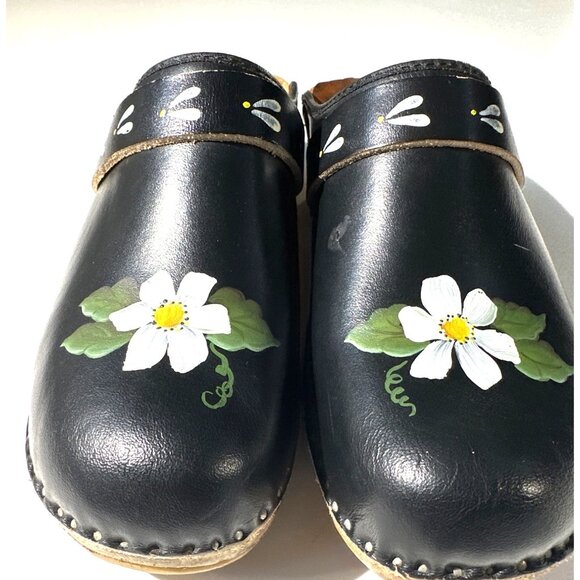 Handmade Swedish Black Leather Clogs With Hand-Painted Flowers Wood Sole Size 37 - Picture 5 of 16